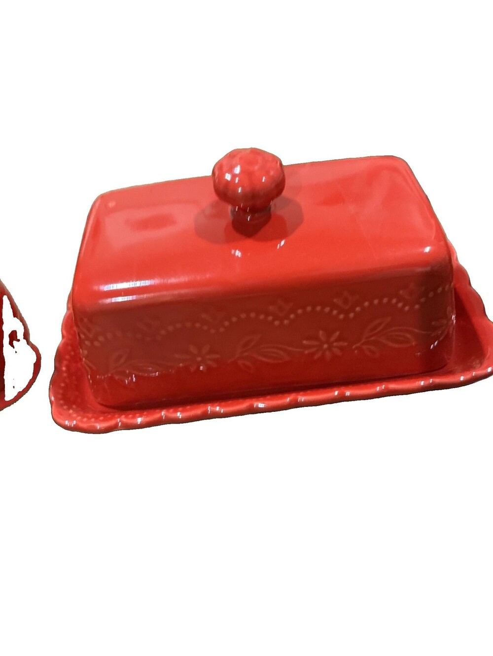 Pioneer Woman Red Embossed Covered Butter Dish and Salt Pepper Shakers "Toni"